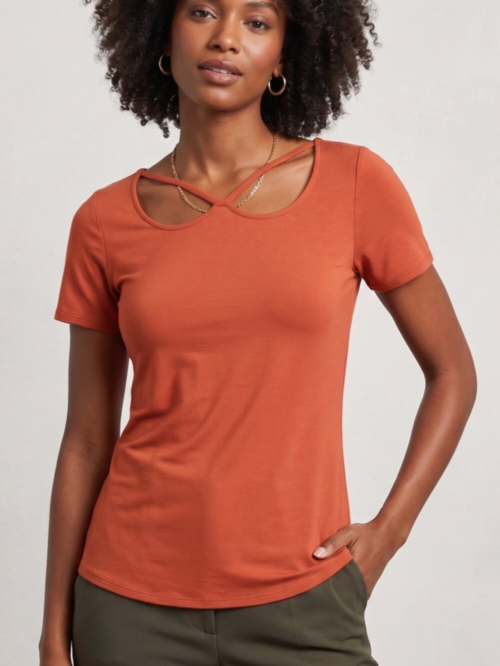NWOT Star Vixen Rusty Orange Short Sleeve Crisscross Neckline Cutout Top | Small